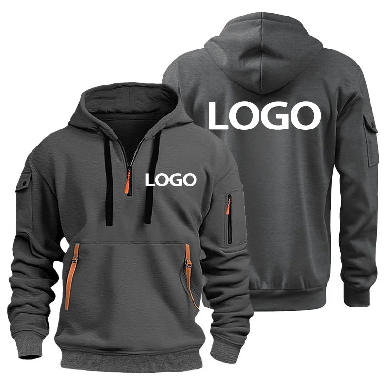 European New Men's Sports Zipper Arm Pocket Loose Casual Sweatshirt Customize Your Logo Dropped Shoulder Hooded Jacket Pullover