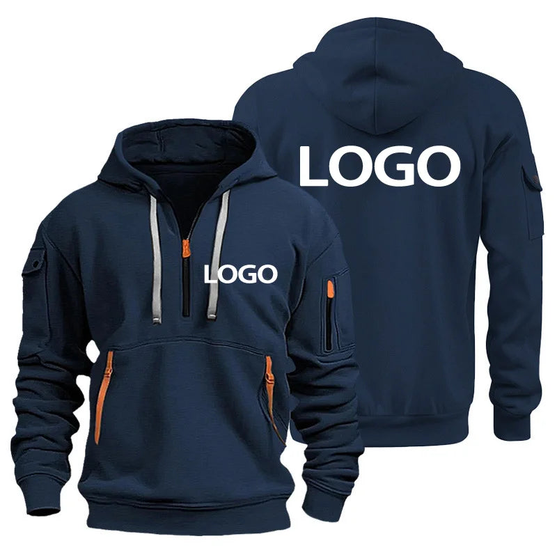 European New Men's Sports Zipper Arm Pocket Loose Casual Sweatshirt Customize Your Logo Dropped Shoulder Hooded Jacket Pullover