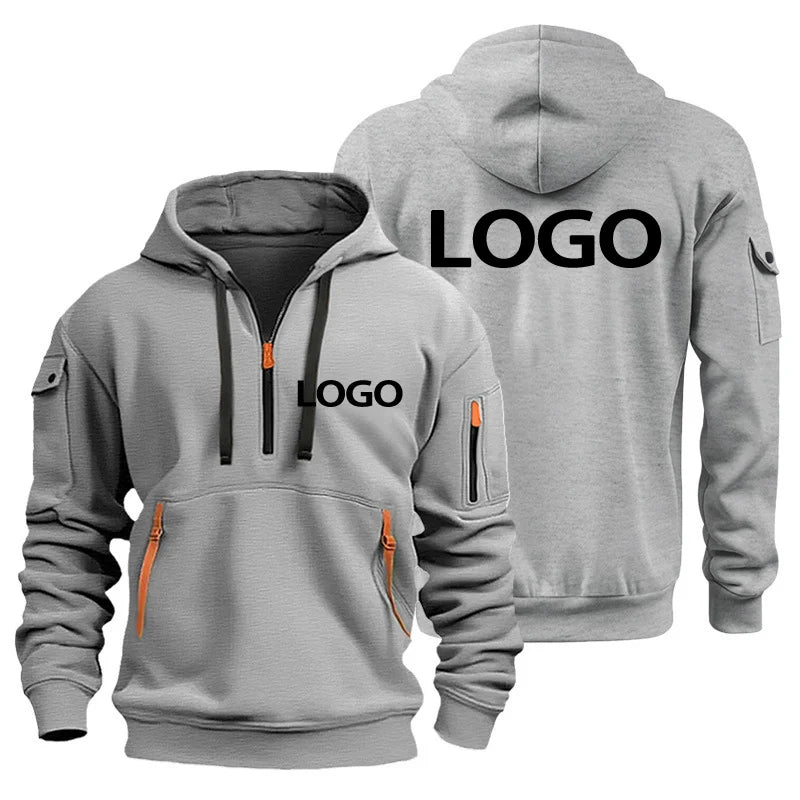 European New Men's Sports Zipper Arm Pocket Loose Casual Sweatshirt Customize Your Logo Dropped Shoulder Hooded Jacket Pullover